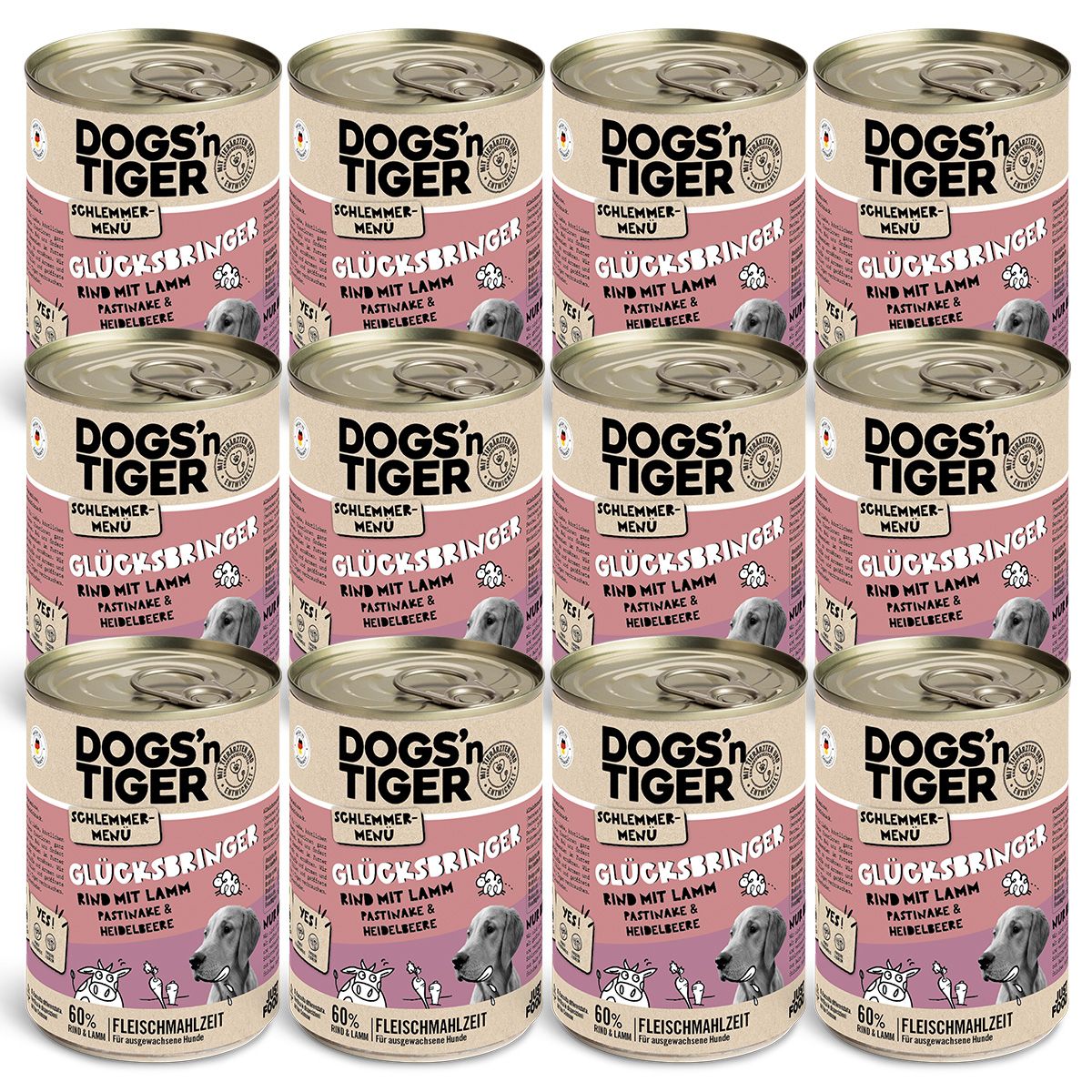 Dogs’n Tiger Adult Hundefutter, Glücksbringer, Nassfutter, Getreidefrei, Rind & Lamm