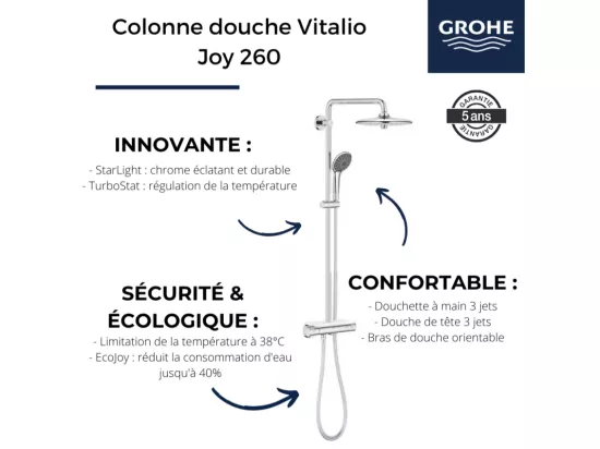 GROHE Colonne de douche thermostatique Vitalio Joy 260 avec nettoyant robinetterie GrohClean