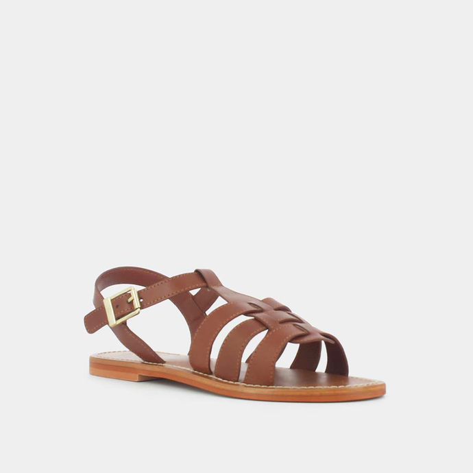 Sandales plates tressées  en cuir cognac