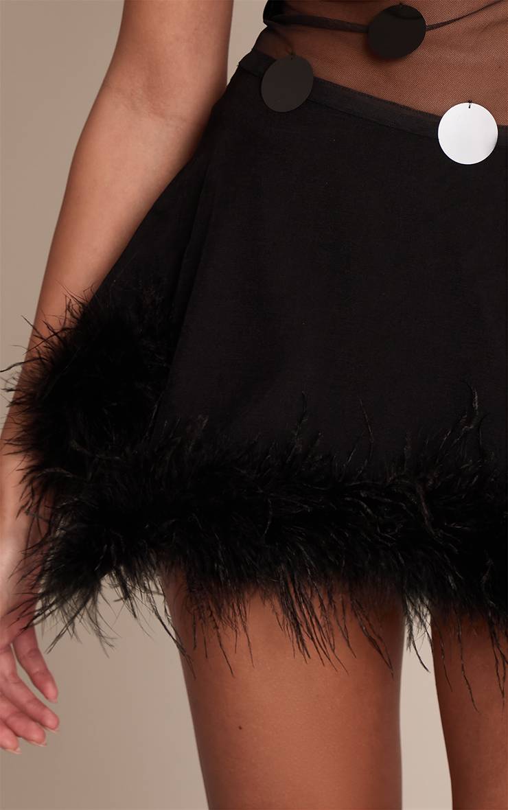 Noir Mini-jupe Premium Tissée Évasée À Ourlet De Plumes