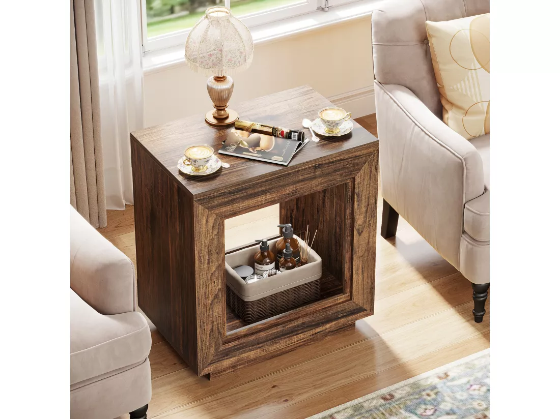 Tribesigns Petite Table d'Appoint Bout de Canapé en Bois, Table de Chevet Carrée pour Chambre à Coucher avec Étagère de Rangement pour Salon, Entrée Rustique Marron