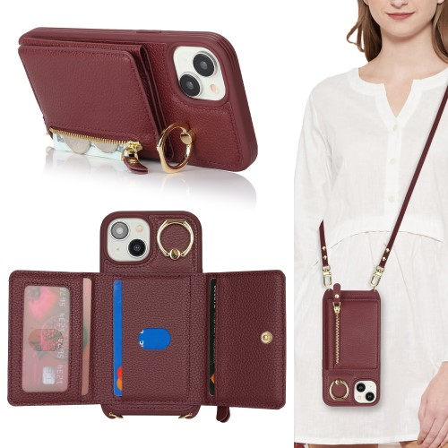iPhone 14 / iPhone 13 Necklace Leder Hülle mit Münzfach und Kartenfächer   Finger Griff Halterung   Handykette - Weinrot