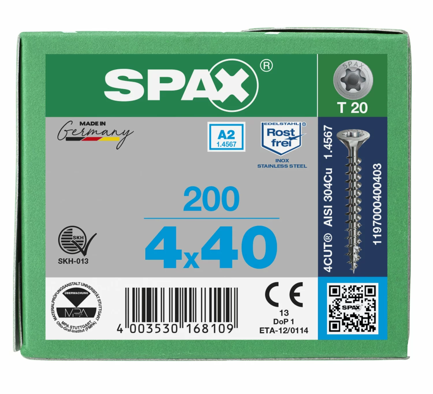 SPAX 1197000400403 Roestvaststalen schroef, Verzonken kop, 4 x 40, Voldraad, T-STAR plus TX20 - blank - 200 stuks