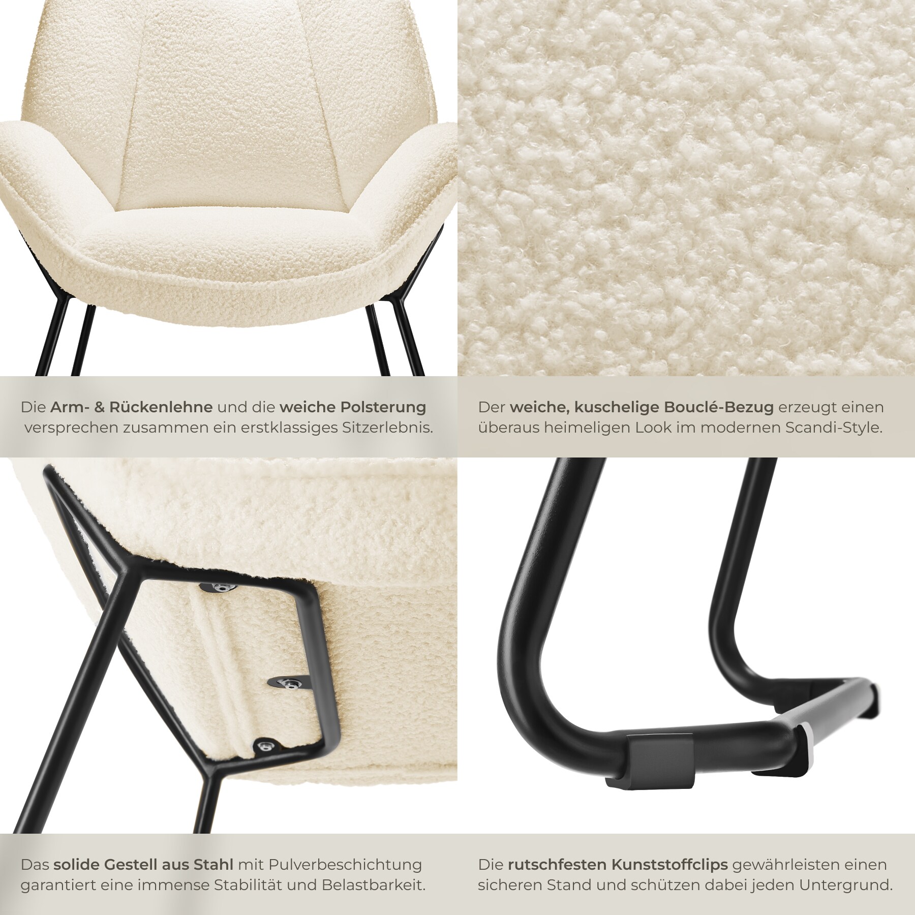 tectake® Sessel, gepolstert, mit Bouclé-Bezug, schlankes Stahlgestell mit Pulverbeschichtung, 73 x 72 x 81 cm