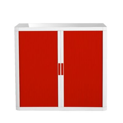 Armoire basse à rideaux EASY OFFICE - 110 x 104 x 41,5 cm - Corps blanc - Rideaux et poignée rouge