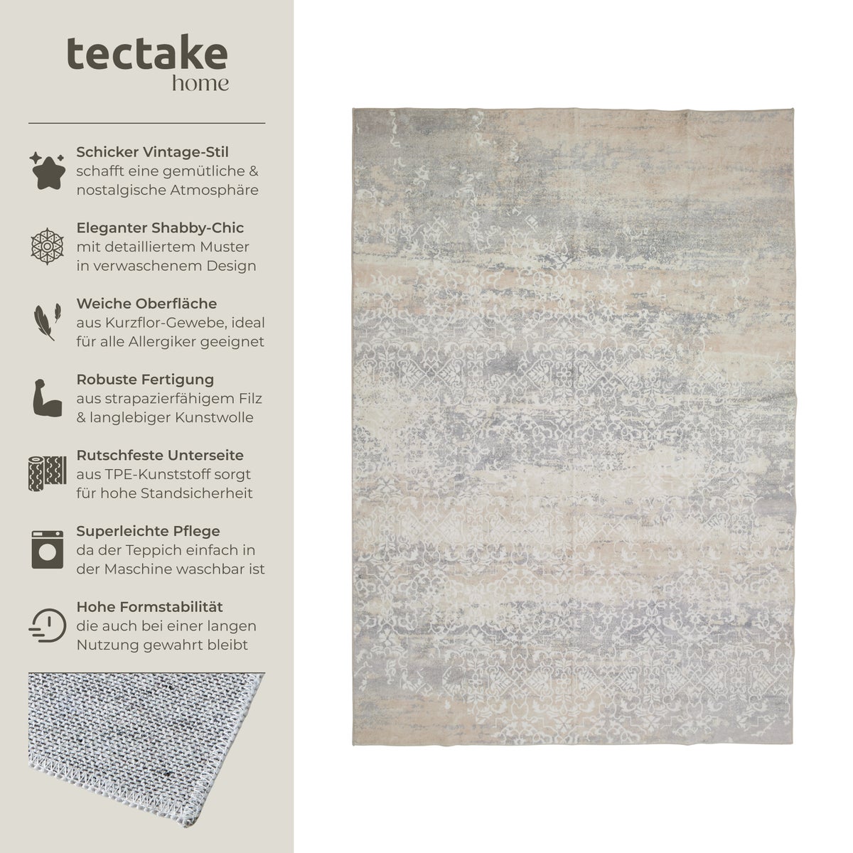 Vintage design vloerkleed tectake Dalia, diverse maten, antislip achterkant