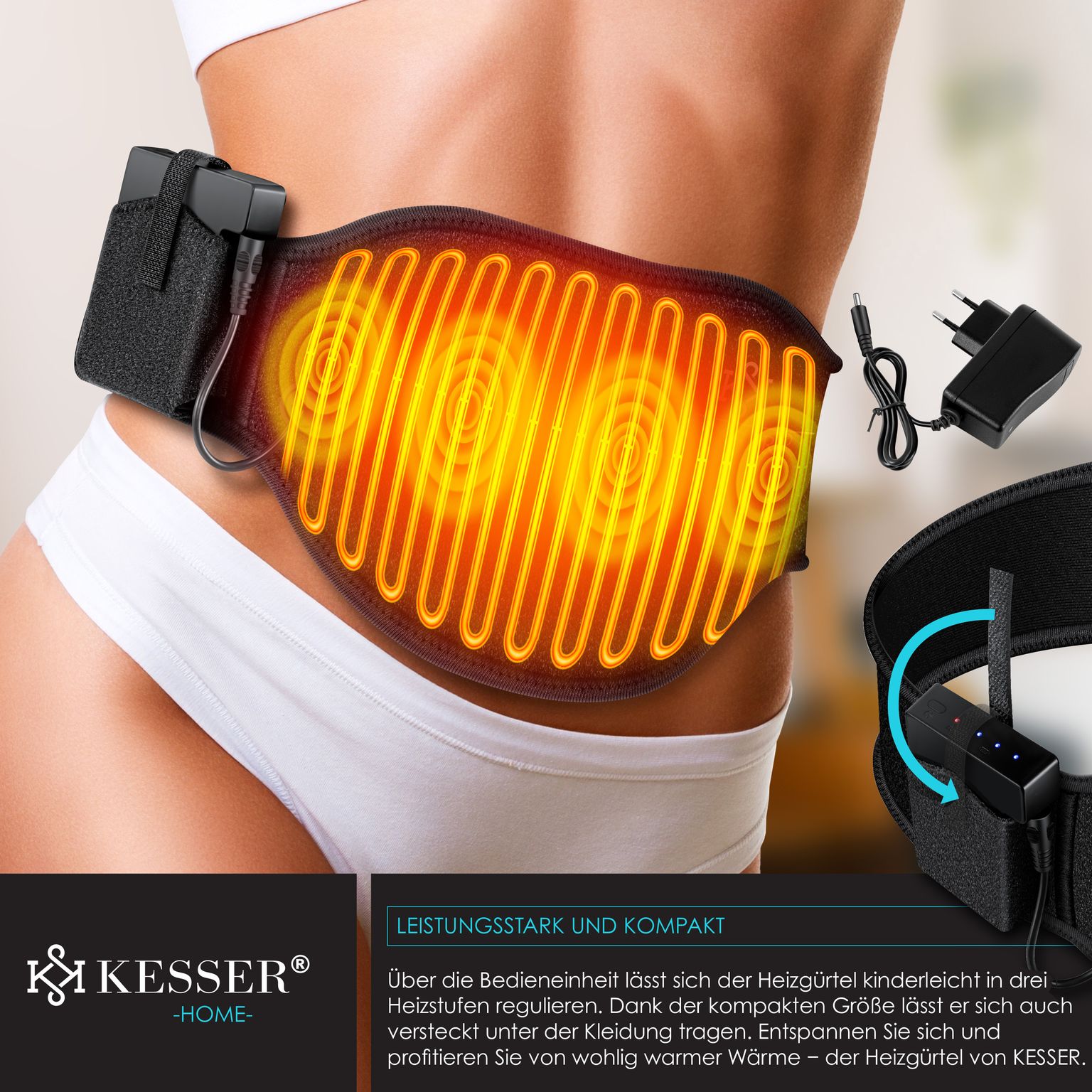 KESSER® Heizgürtel mit Akku Wärmegürtel mit 3 Heizstufen Ferninfrarot To Go für Bauch Rücken Nacken Schulter Lenden | Elektrisches Heizkissen mit Abschaltautomatik