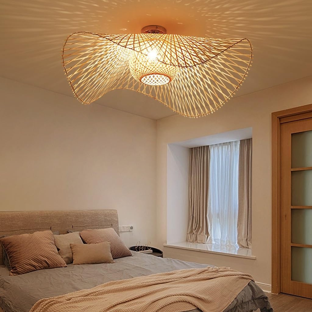 Deckenleuchte Bambus E27 Deckenlampe Boho Style Retro Natürliche Gewebte Lampenschirm Rattan Schlafzimmer Lampe Restaurant Licht Landbeleuchtung Esszimmer Hängeleuchten Wohnzimmer Beleuchtung(75