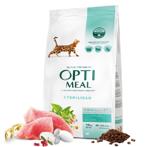 Ração seca Optimeal para gatos esterilizados, sabor peru e aveia.