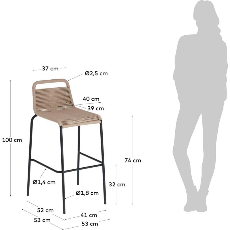 Tabouret Lambton - corde marron - pieds en acier noire H 74 cm