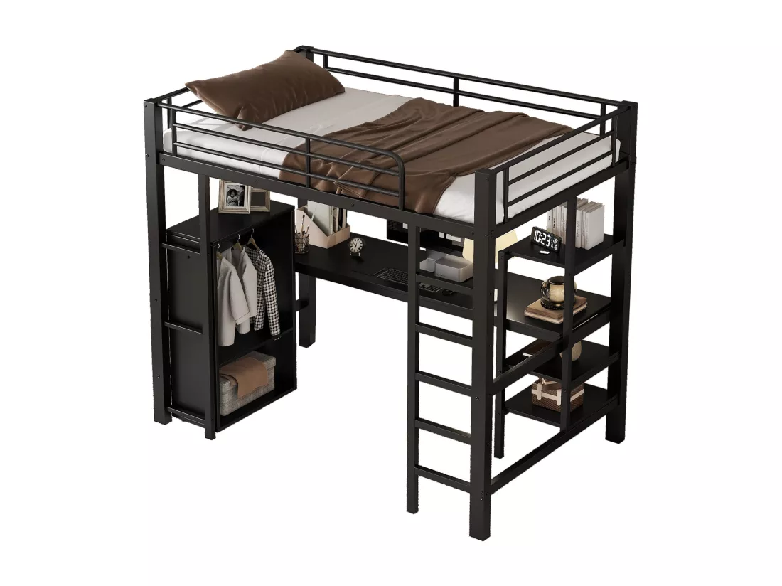 Lit mezzanine 90x200 cm - avec table et penderie - avec échelle 5 marches - fer + panneaux de particules - noir (sans matelas)