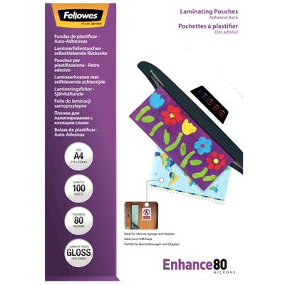 Fellowes - 100 pochettes de plastification A4 (216 x 303 mm) - 80 microns - brillantes dos adhésif
