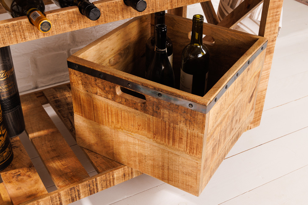 Industrial Barschrank BODEGA 86cm Mangoholz Servierwagen mit Weinregal und Aufhängung
