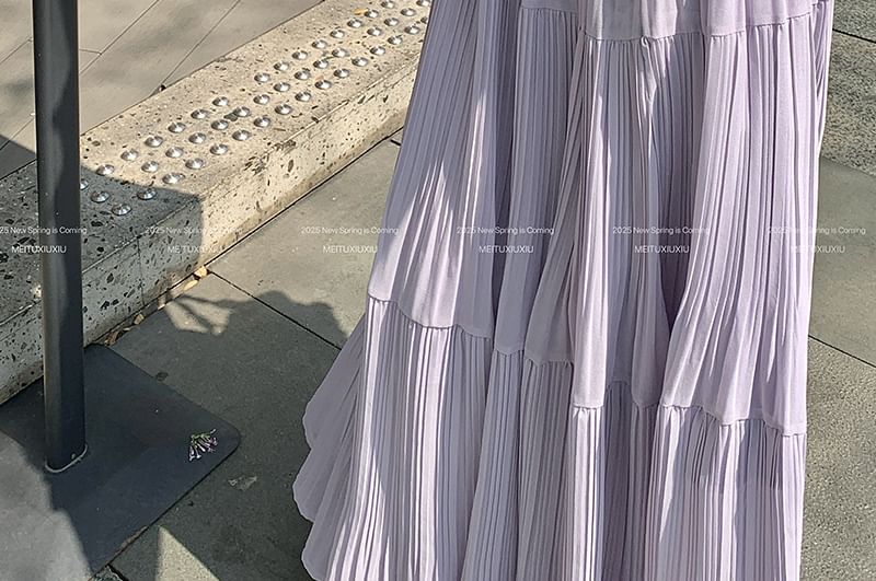 OUREA - Elastische taille, effen geplooide maxi-A-lijn rok