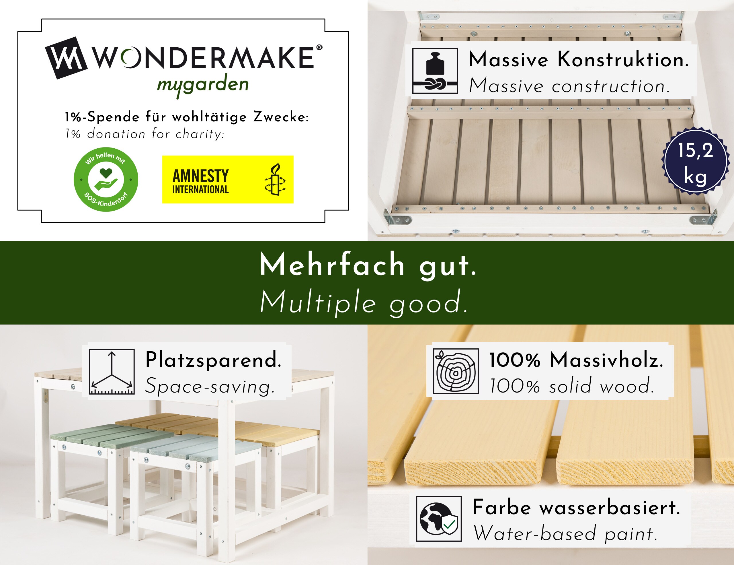 WONDERMAKE® Design Kindersitzgruppe Outdoor Garten Holz mit Abdeckung, Kinder-Sitzgarnitur Indoor Picknick-Gruppe ab 3 Jahre, weiß bunt