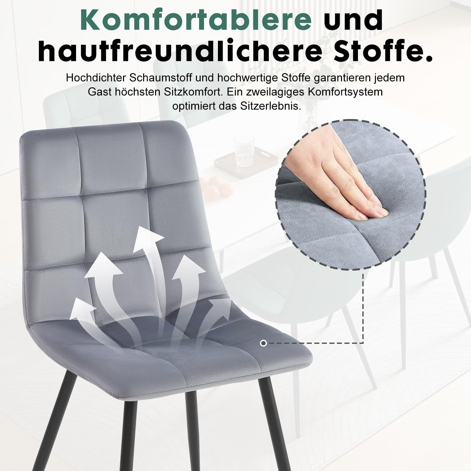 DUMOS Esszimmerstühle 4er Set, für Wohnzimmer Küche Esszimmer, Küchenstühle Gepolstert mit Rückenlehne, Sitzfläche aus Samt, Polsterstuhl mit Metallbeinen, bis 150 kg Belastbar, Dunkelgrau