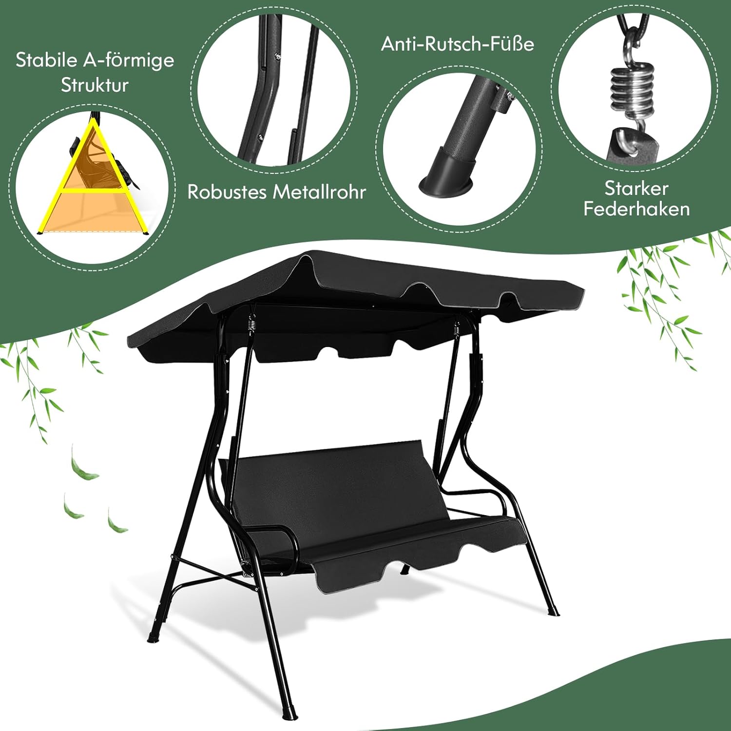 COSTWAY 3-Sitzer Hollywoodschaukel, Gartenschaukel mit verstellbarem Dach, Schaukelbank für Garten, Terrasse & Hinterhof, 172 x 110 x 154 cm (Schwarz)