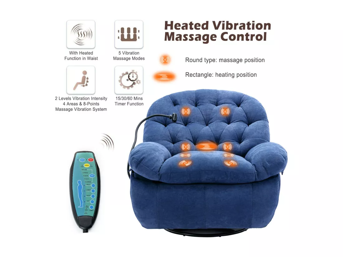 Fauteuil massant en tissu avec télécommande, pivotante et chauffée, 4 zones/5 modes/3 Minuteur, 155x92x90cm