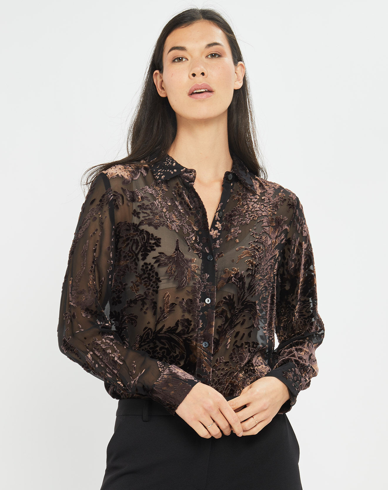 Lauren Vidal Blouse en Soie mélangée Opium motifs velours prune foncée