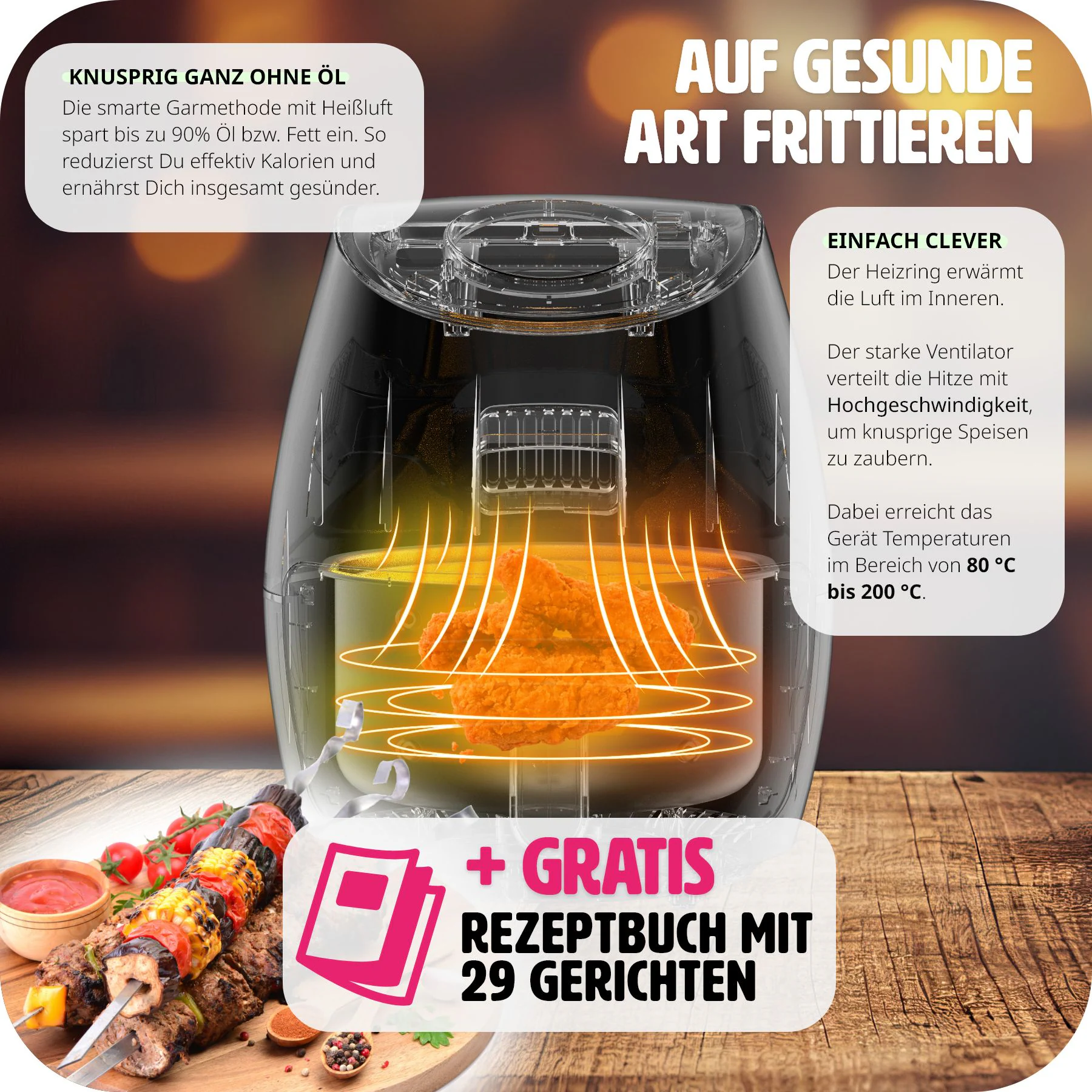 tectake® Heißluftfritteuse, 3,6 l, Timer und Temperatursteuerung, SGS-Zertifikat, inklusive Rezeptheft