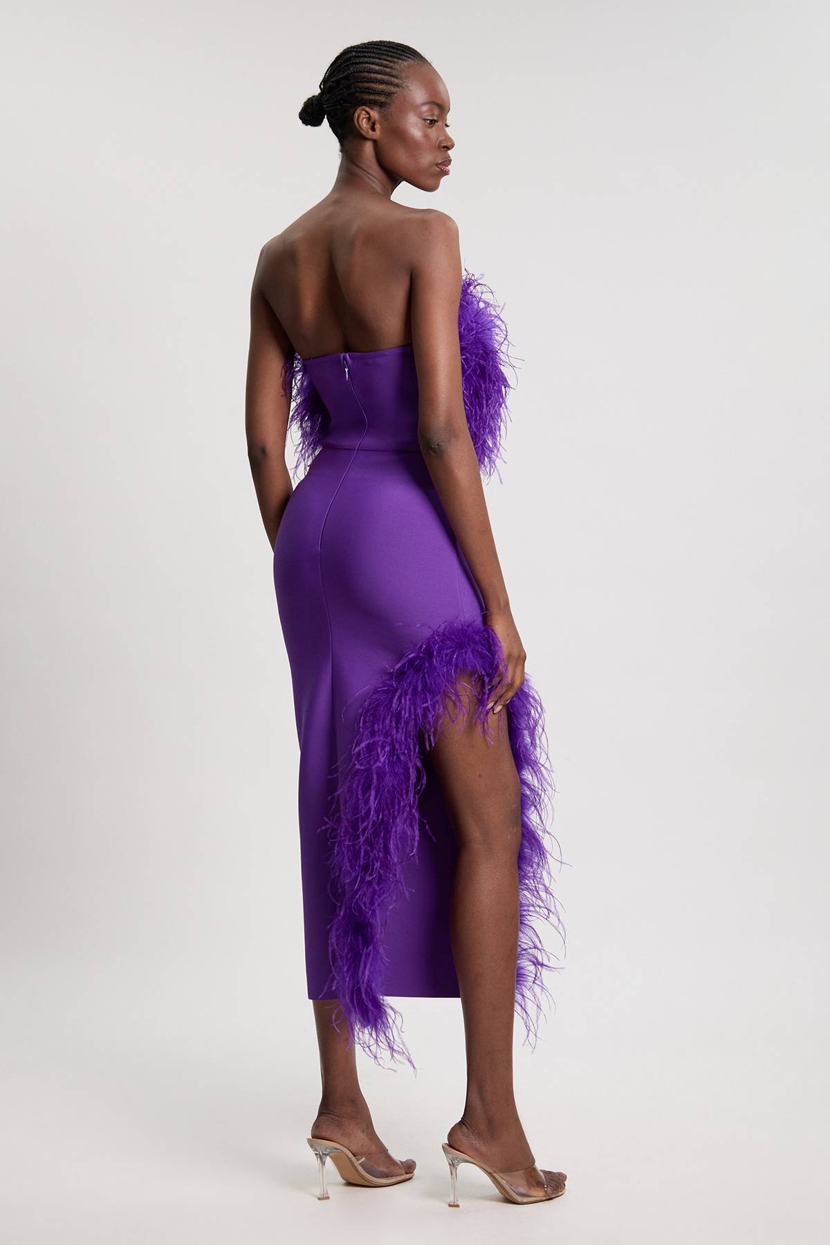 KarenMillen Robe Midi Moulante Bandeau en Maille Bandage avec Détails de Plumes