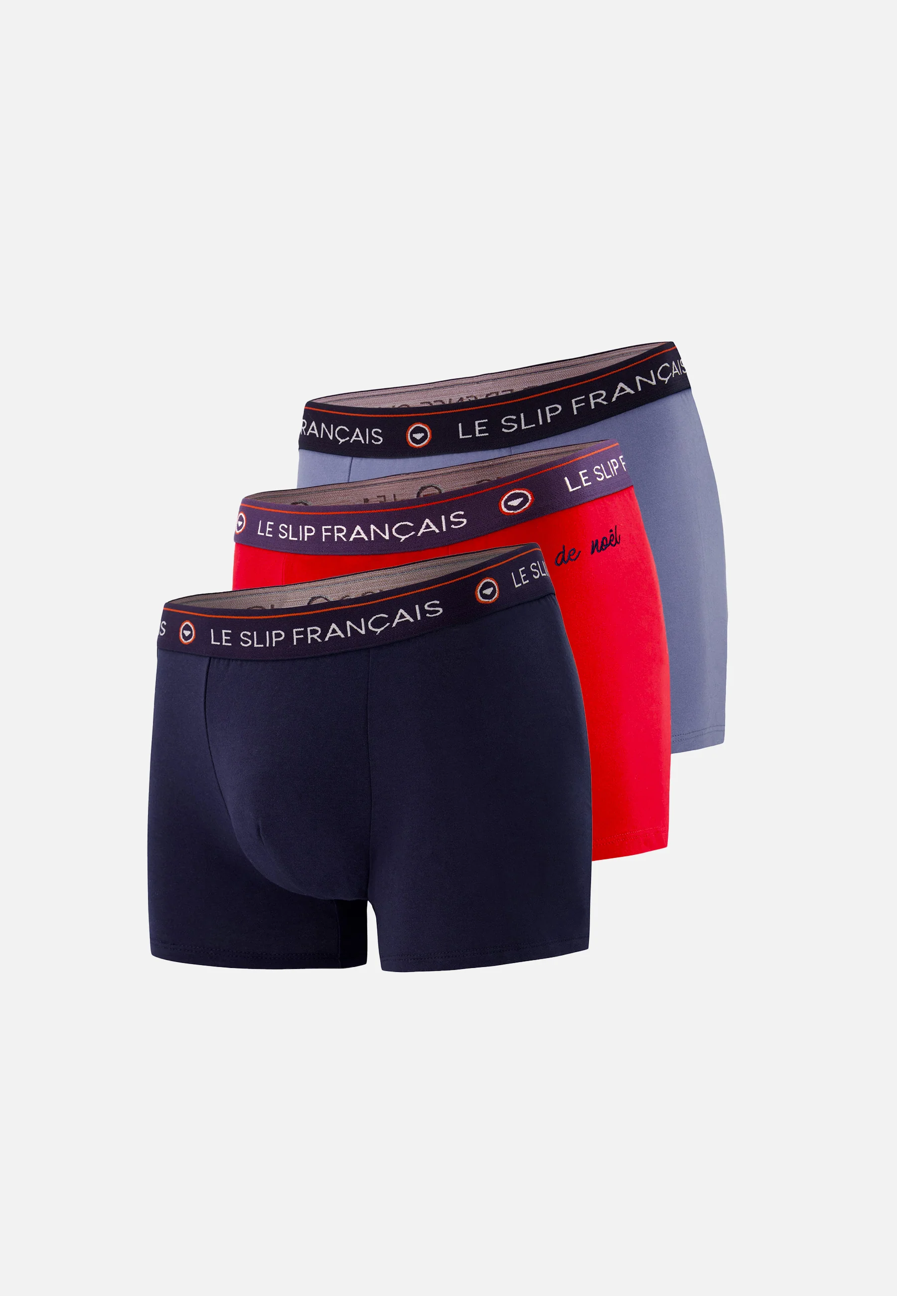 Trio de boxers en coton-Coffret Trio Boxer Redoutable Marine Rouge Brodé Bleu Jean