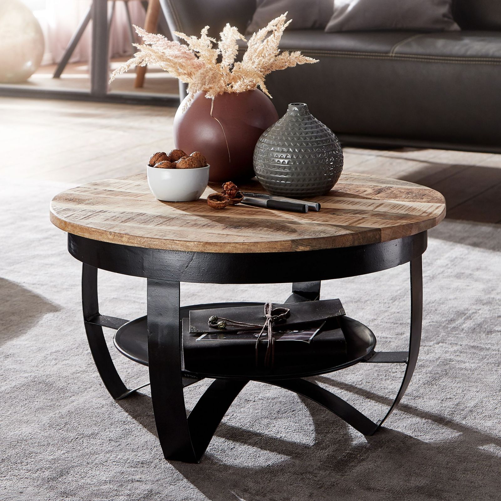 Couchtisch - schwarz-natur - Mango massiv - Ø 60 cm