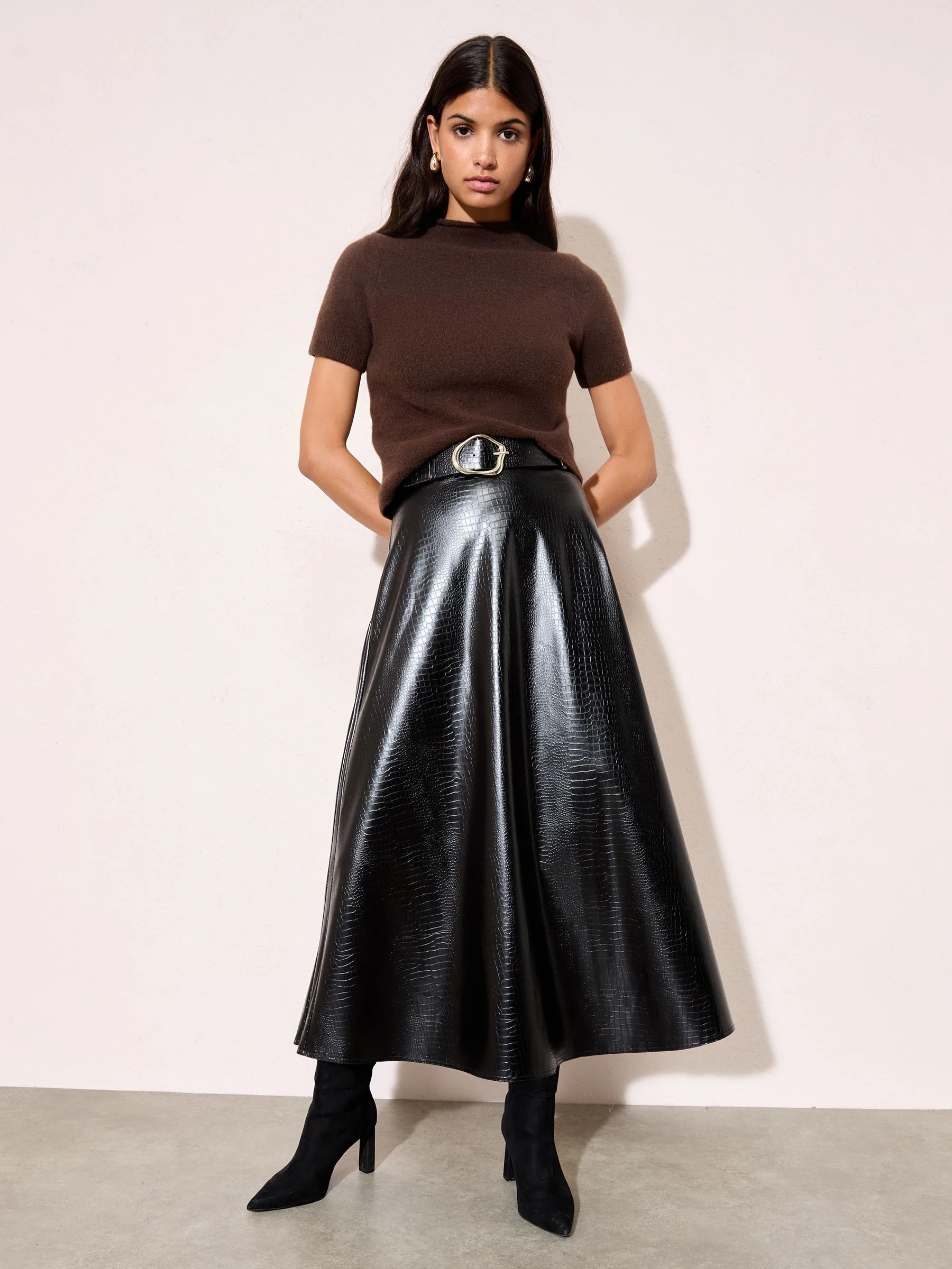 Friends Like These Faux Leather Belted Hem Midi Skirt