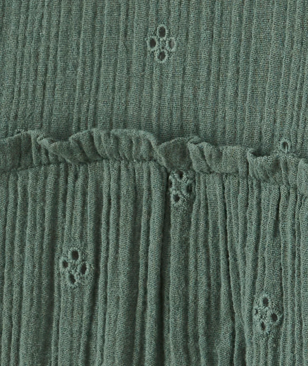 BLOUSE BÉBÉ FILLE EN GAZE DE COTON VERTE AVEC DÉTAILS AJOURÉS