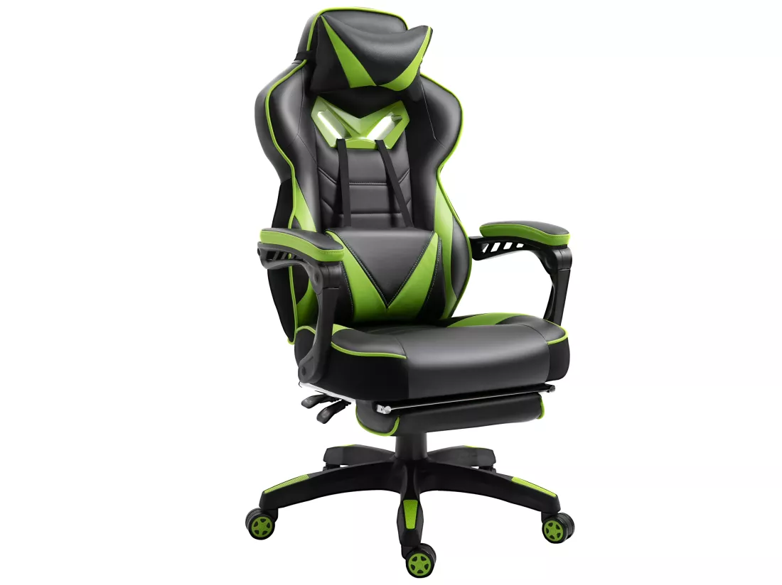 Vinsetto Fauteuil de bureau gamer style baquet racing - pivotant, inclinable - coussin lombaire, tétière, repose-pieds inclus - revêtement synthétique vert noir