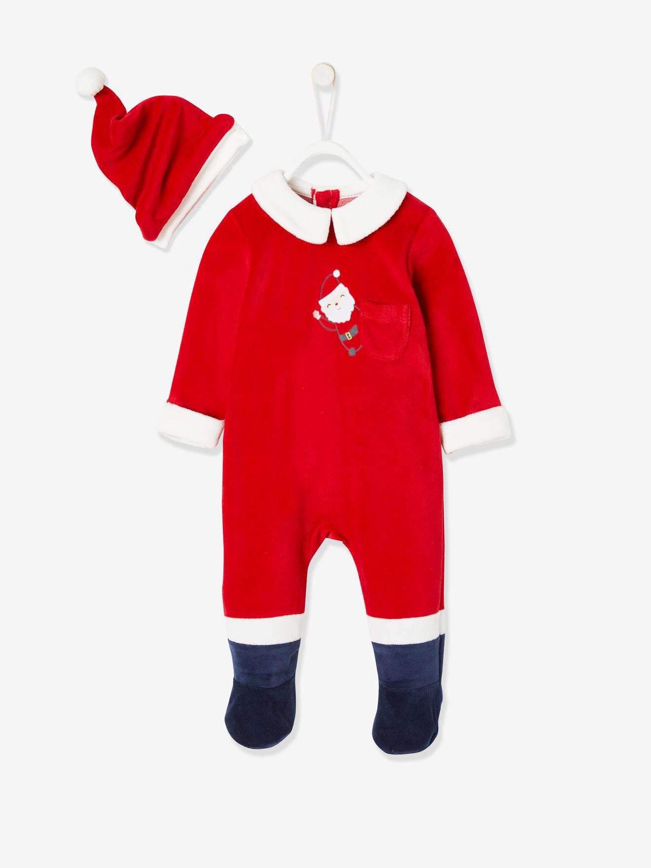 Conjunto de presente de Natal para bebê, composto por body e gorro, na cor vermelho escuro liso com estampas.