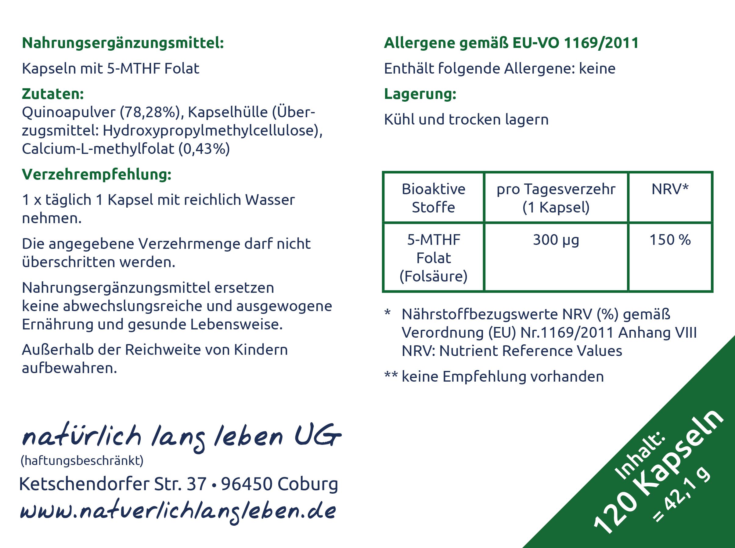 natürlich lang leben Folsäure  Kapseln