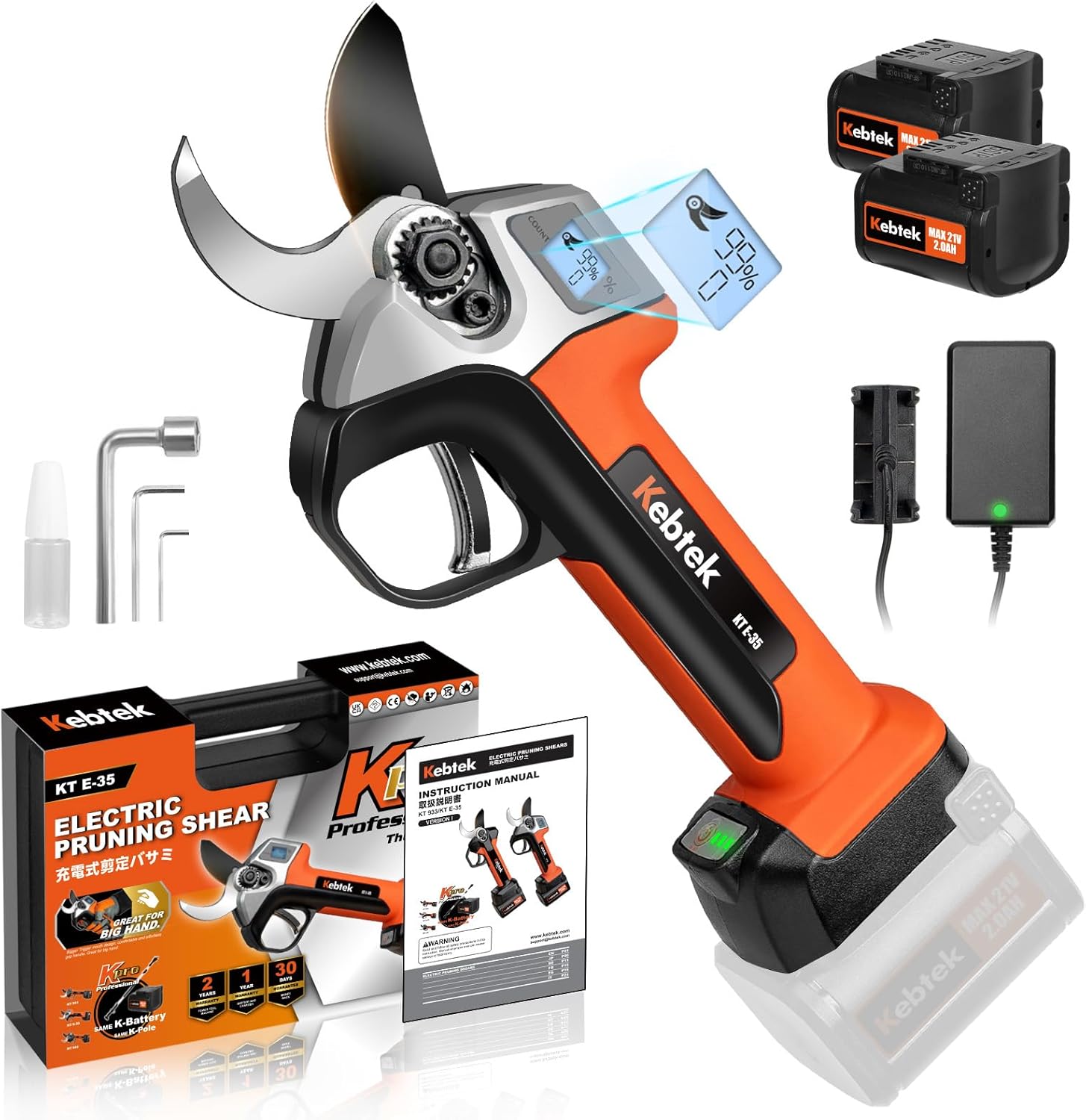 Kebtek Professionelle Elektrische Gartenschere, 35MM Elektrische Astschere 18 V 2 Stück 2Ah Lithium-Akku