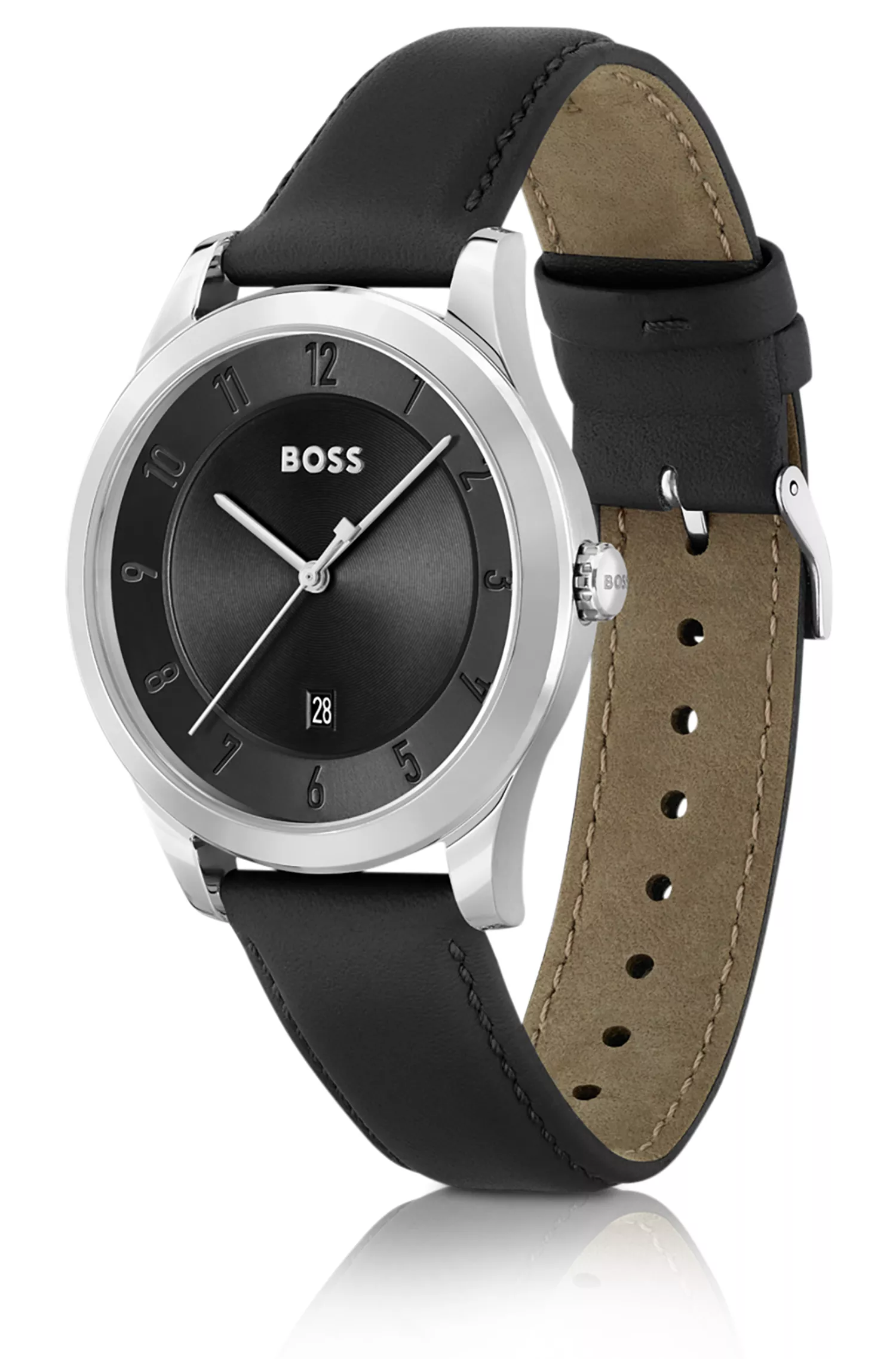 Relógio BOSS com pulseira de couro preta e mostrador preto.