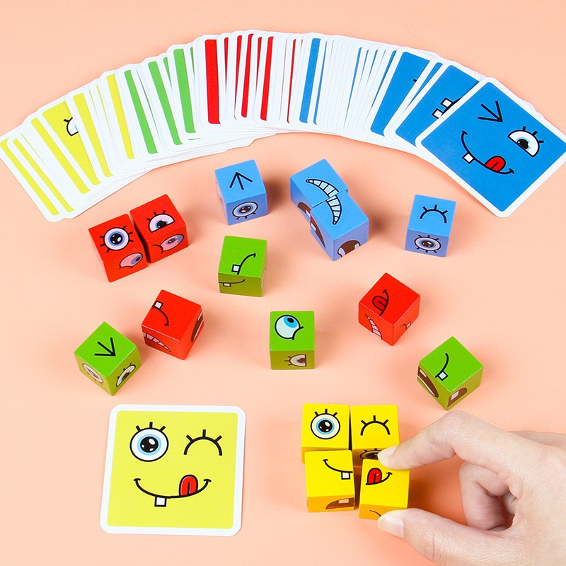 (76-tlg. Set) Kinder Holz Würfel Puzzle Spiel Bilderwürfel Lern Spielzeug mit Vorlage Karten - Gesichter