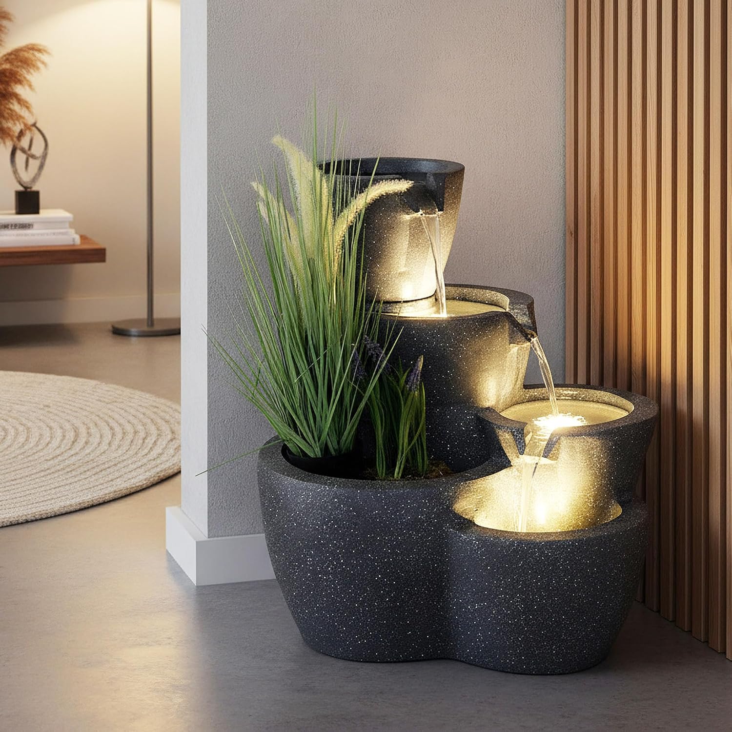 Zimmerbrunnen mit Beleuchtung Botana Gartenbrunnen bepflanzbar Springbrunnen Terrassenbrunnen (LED: Warm-Weiß)