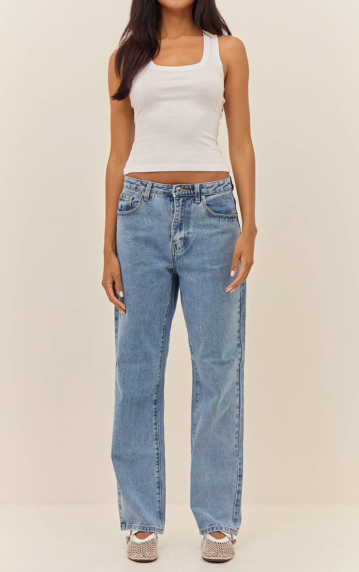 Mid Blue Wash Prettylittlething Jean Droit Taille Haute