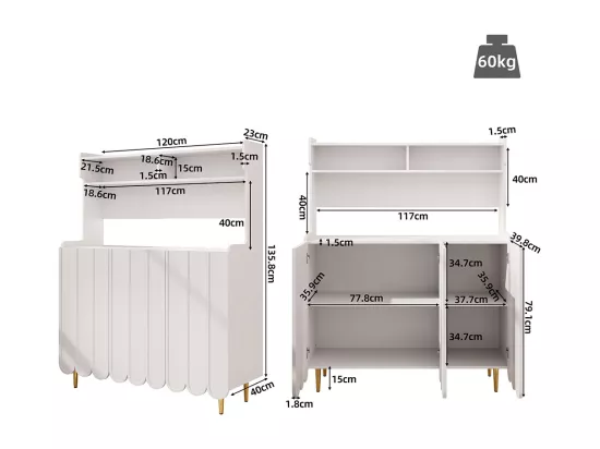 Buffet blanc (120 x 40 x 151 cm), buffet de cuisine, style moderne, étagères ouvertes