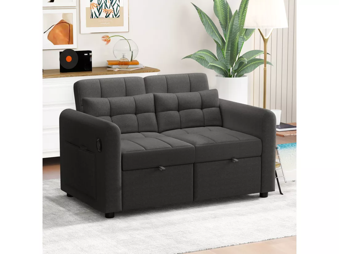 Canapé 3 en 1 - Canapé 2 places - Dossier réglable - Avec port USB - Poches d'accoudoirs + Coussins - Gris