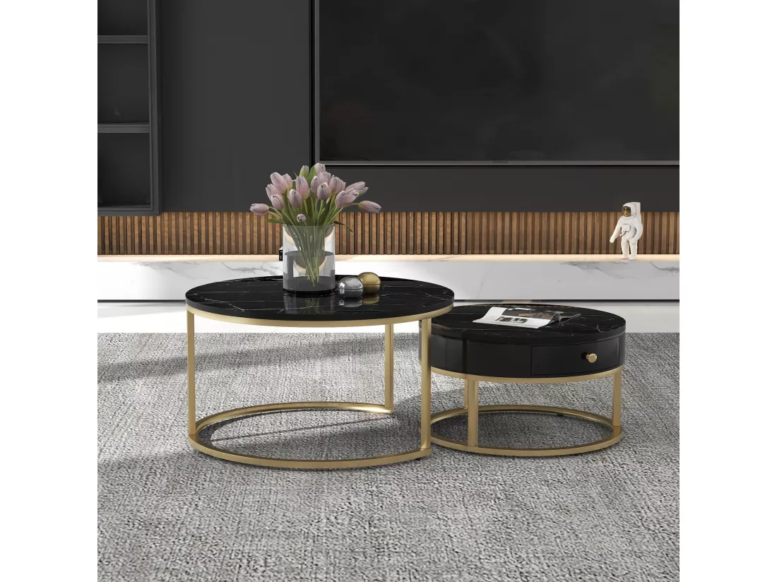 Lot de 2 tables basses rondes gigognes avec 1 tiroir moderne motif marbre brillant - bois MDF et métal doré - Noir