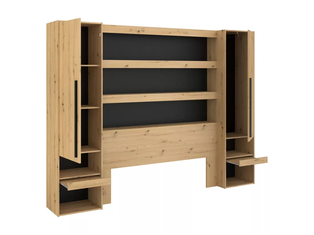 Lit pont 140 x 190/200 cm avec rangements - Avec LEDs - Coloris : Naturel et noir - VARLY