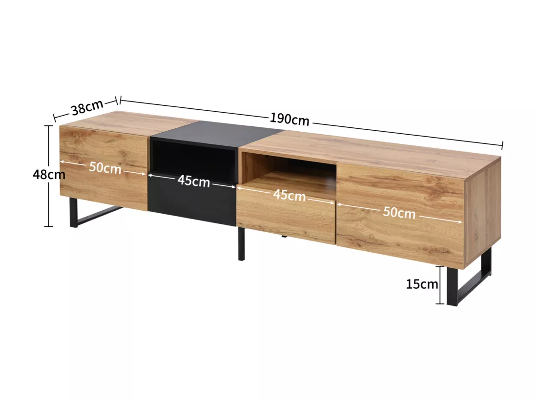 Meuble TV 190cm, avec 2 tiroir, 2 portes, 2 compartiment ouvert, style scandinave, Commode TV en chêne sauvage - Marron