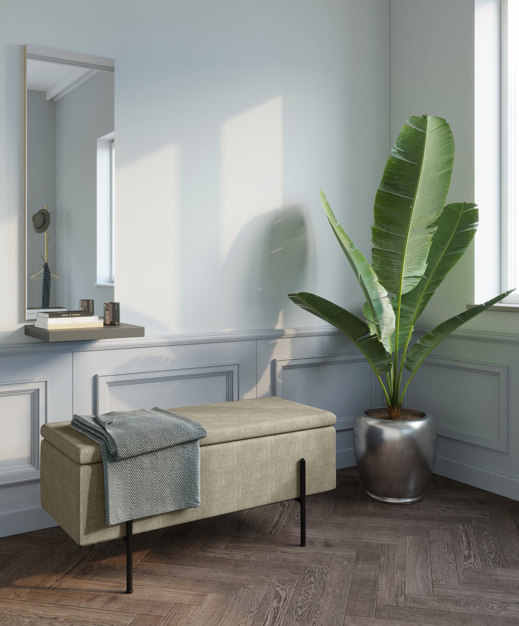 DIANE - Banquette-coffreen bois, métal et tissu | Beige