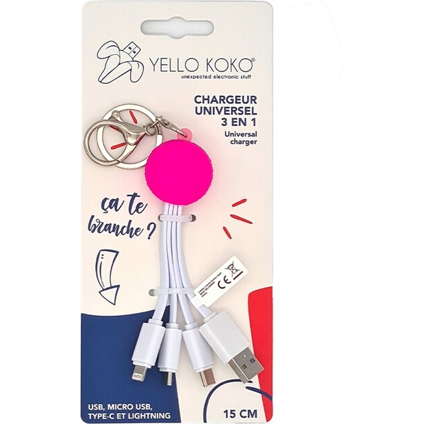 Câble téléphone portable Yello Koko Andy USBA - USBC/Micro/Light 15cm Macaron Rose