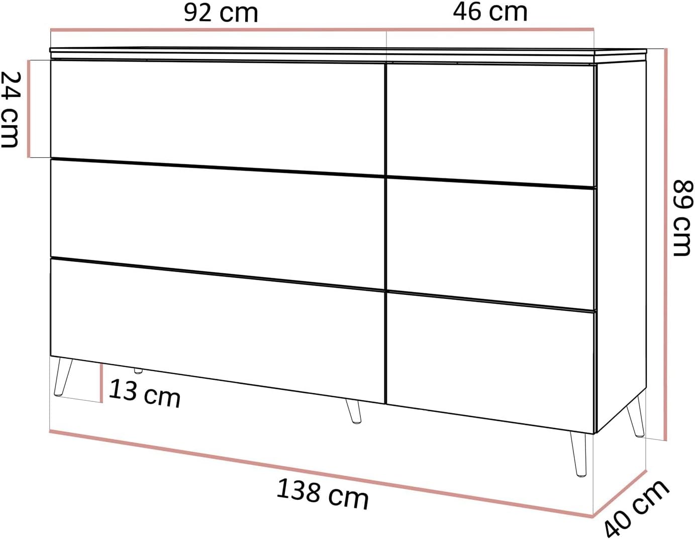 Lookway Kommode Aurora Kaschmir 6 Schubladen Weiß Hochglanz mit Golddekor, Hängend oder auf Goldfüßen – Modernes Design & Luxus für Wohnzimmer (Schräge Füße – Gold Chrom)