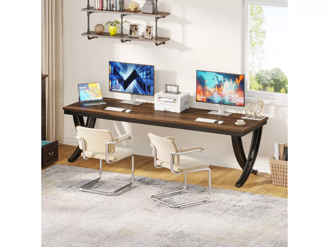 Bureau Informatique, Table d'ordinateur Portable, Double Bureau Long pour Chambre de Bureau à Domicile, 200 x 70 x 75 cm, Marron Rustique