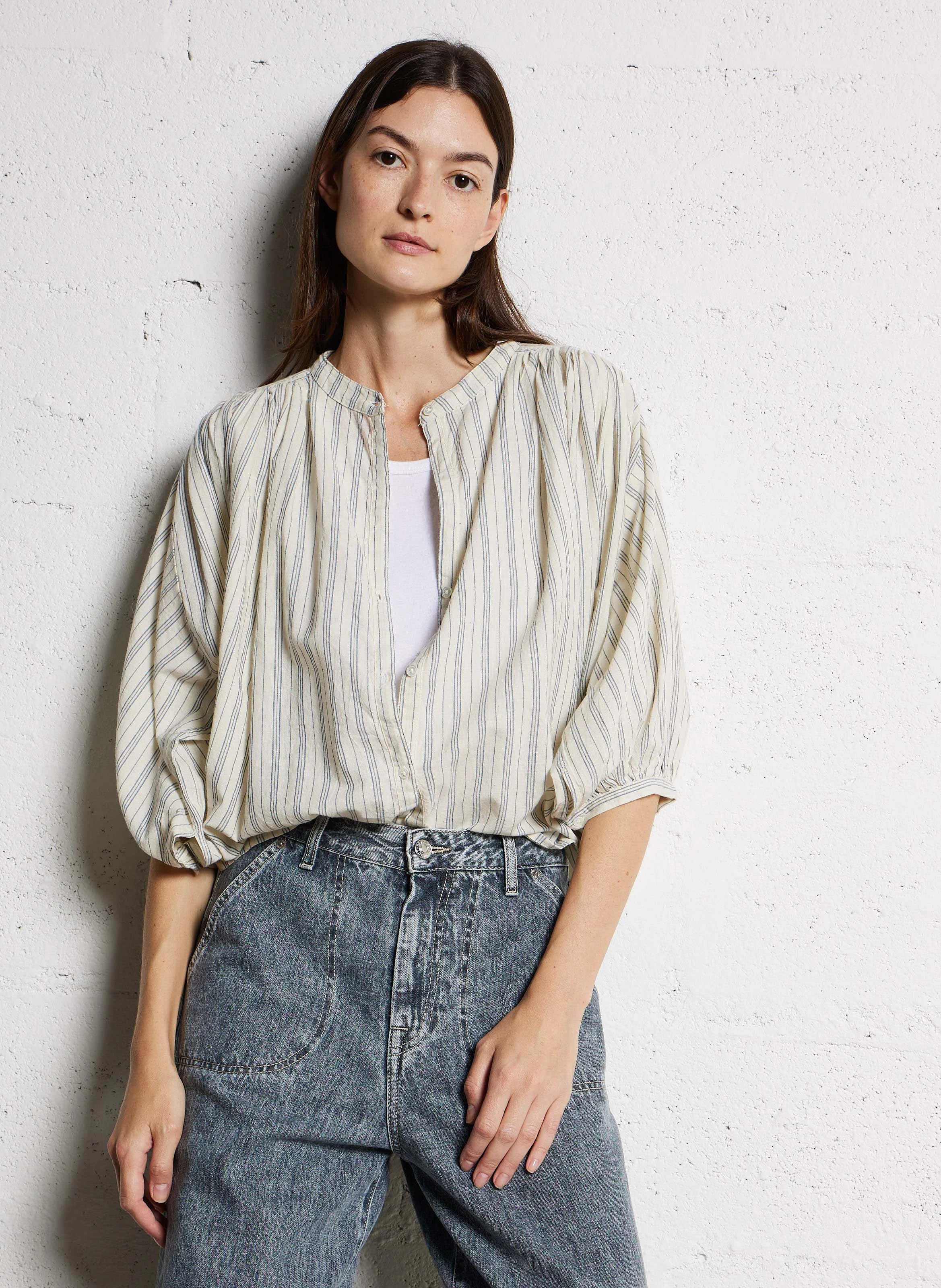 INK - Blouse col rond rayée en coton | Bleu