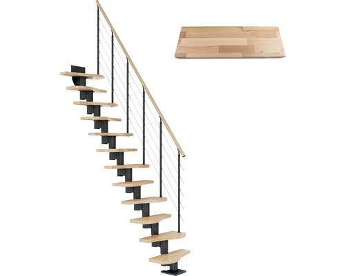 Pertura Vaia ruimtebesparende trap, middenboom, antraciet, variabel, kwartslag, links/rechts onder, recht, 64 cm, balustrade, beuken gelamineerd hout, gelakt, 11 treden / 12 stootborden