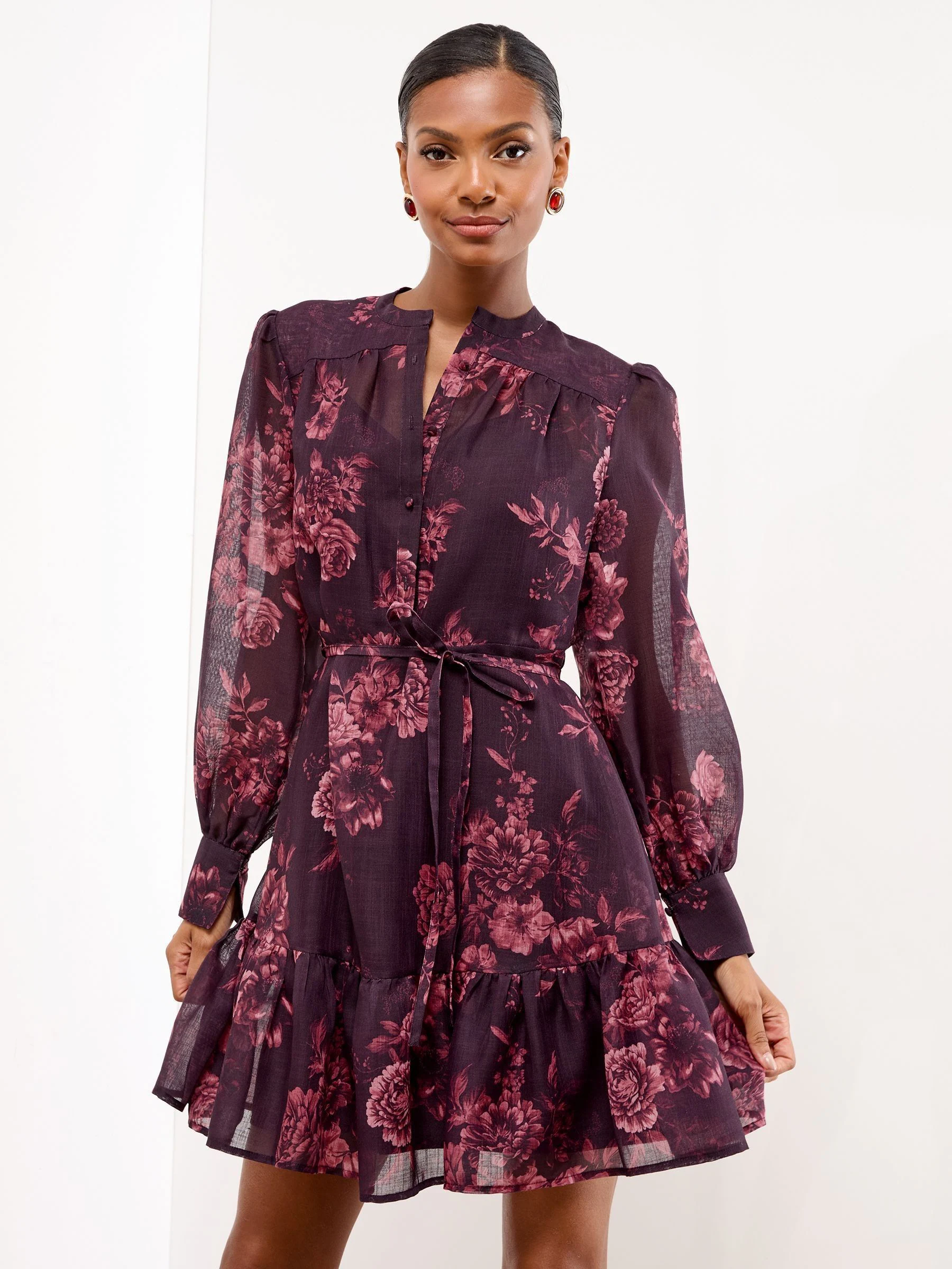 Bordeauxrood - Lipsy Mini Floral Print Woven Shirt Dress