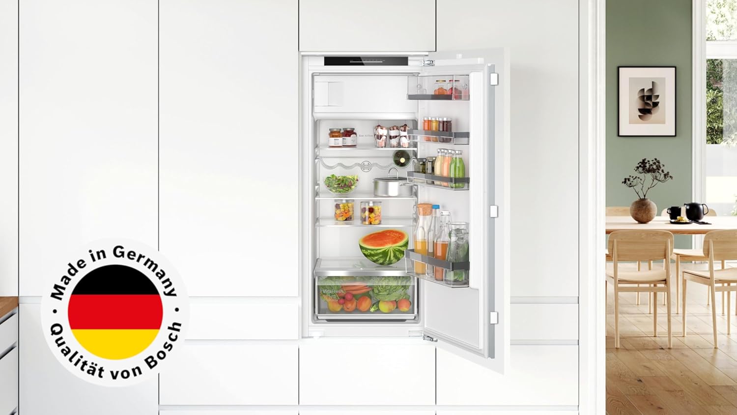 Bosch KIL42ADD1 Serie 6 Einbau-Kühlschrank mit Gefrierfach, 122,5 x 56 cm Nische, 172 L Kühlen & 15 L Gefrieren, Made in Germany, VitaFresh XXL, Extra Leise, Flachscharnier mit Softeinzug